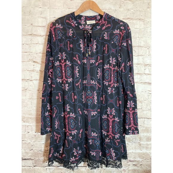 Style & Co. Dress Womens XXL Black Mesh Floral Tasseled Boho Hippie Slit Sleeve - Picture 1 of 15